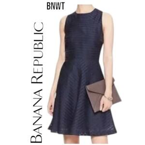 BNWT Banana Republic Sheer-Stripe Fit And Flare Dress Navy Size 12